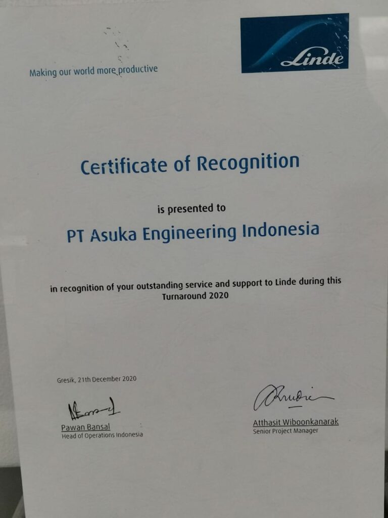 Read more about the article Asuka Engineering Indonesia, PT. in Recognition of Outstanding Service and Support to Linde Indonesia