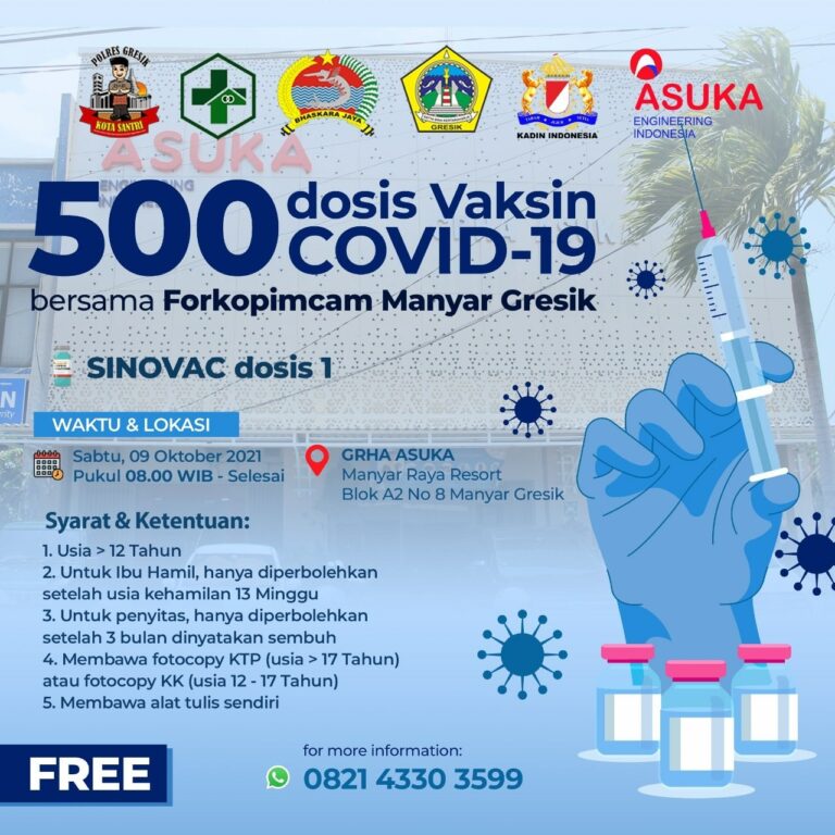 Read more about the article 500 Dosis Vaksin Covid-19 Bersama Forkopimcam Manyar Gresik